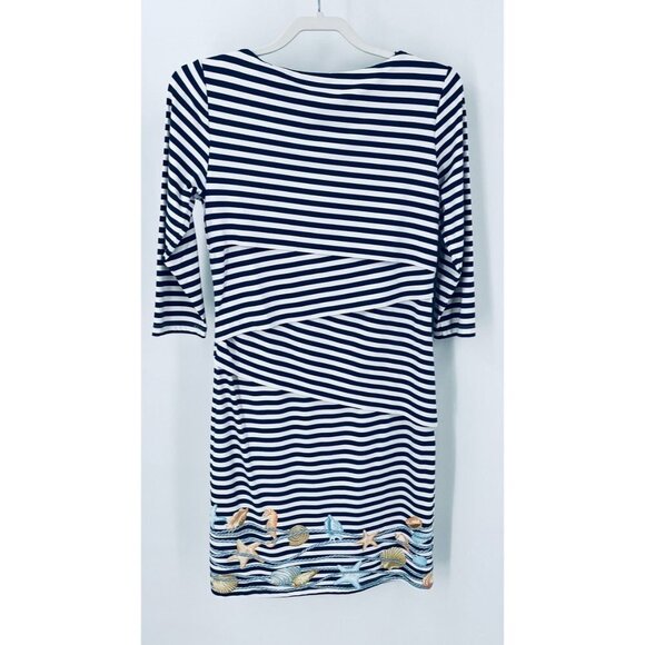 J McLaughlin Nautical Seashells Nicola Tiered Dress Size S Navy White Stripe - Picture 5 of 9